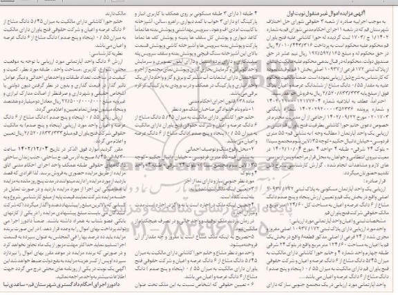 مزایده فروش پنجاه و پنج صدم دانگ مشاع از 6 دانگ یک واحد آپارتمان مسکونی به پلاک ثبتی 10937/172