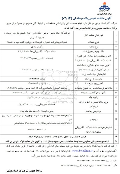 مناقصه عمومی تعمیرات پیشگیرانه و اضطراری شهرستان های...