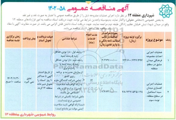 مناقصه عملیات اجرایی احداث مجموعه فرهنگی میدان مشق 