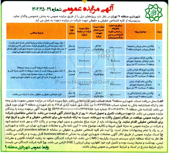 مزایده عمومی واگذاری بخش ورزشی مجموعه فرهنگی - ورزشی شهربانو ...