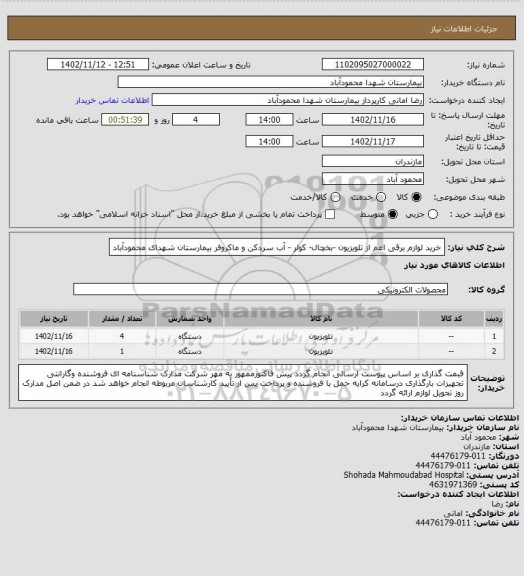 استعلام خرید لوازم برقی اعم از تلویزیون -بخچال- کولر - آب سردکن و ماکروفر بیمارستان شهدای محمودآباد