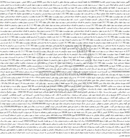 آگهی مزایده یک قطعه آپارتمان مسکونی نوع ملک طلق با کاربری به پلاک ثبتی 34353 فرعی از 183 اصلی ، مفروز و مجزا شده از31744 فرعی از اصلی
