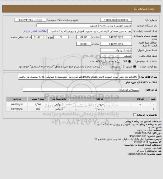 استعلام 200کیلو بذر چمن سوپر اسپرت 4تخم هلندی و1000کیلو کود ورمی کمپوست با شرایطی که یه پیوست می باشد