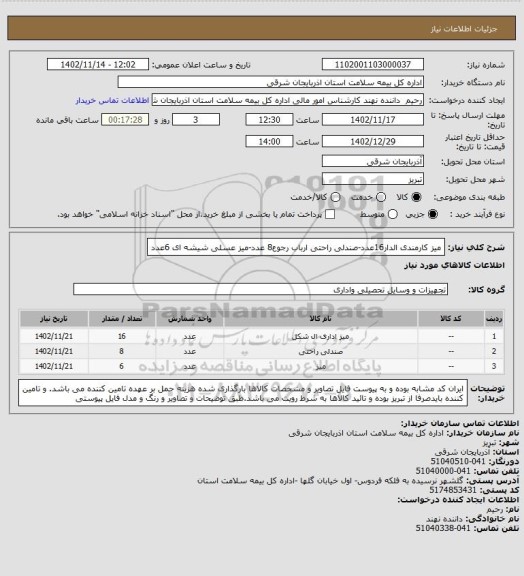 استعلام میز کارمندی الدار16عدد-صندلی راحتی ارباب رجوع8 عدد-میز عسلی شیشه ای 6عدد