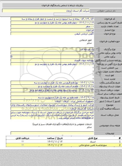 مناقصه, قرائت کنتور و ارسال پیامک صورتحساب ووصول مطالبات شهرستانهای رفسنجان وانار