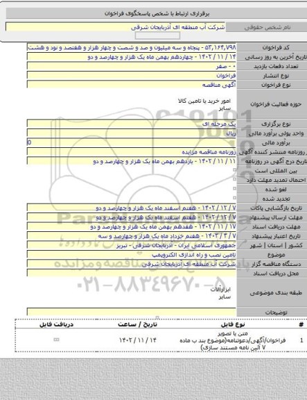 مناقصه, تامین نصب و راه اندازی الکتروپمپ