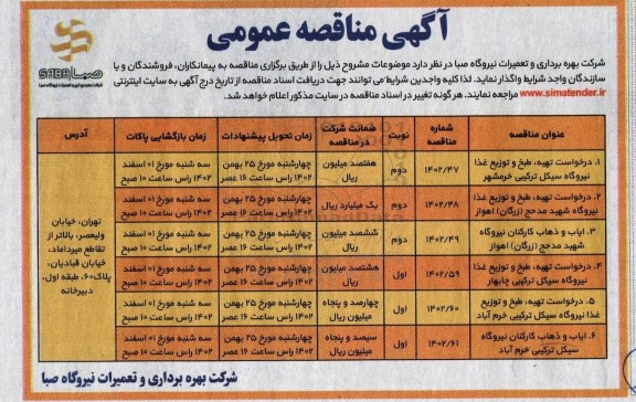 مناقصه درخواست تهیه، طبخ و توزیع غذا نیروگاه سیکل ترکیبی و ...