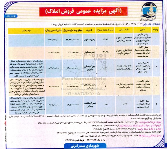 مزایده فروش املاک کاربری مسکونی و گردشگری پذیرایی نوبت دوم