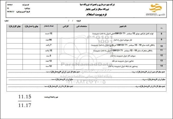 استعلام لوازم کامل انژکتور موتور 12 سیلندر ....