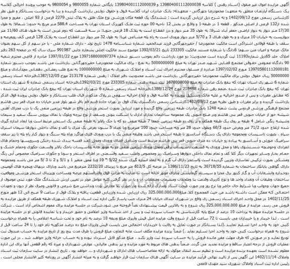 آگهی مزایده ششدانگ یک قطعه مکان ورزشی نوع ملک طلق به پلاک ثبتی 2279 فرعی از 93 اصلی