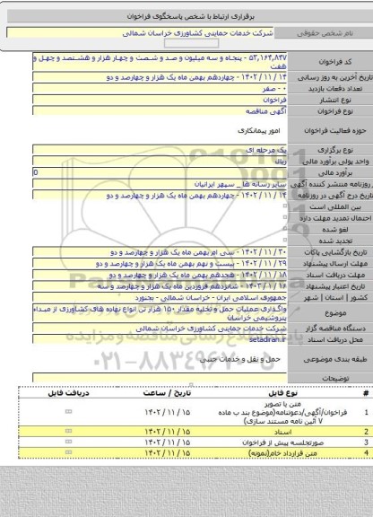 مناقصه, واگذاری عملیات حمل و تخلیه مقدار ۱۵۰ هزار تن انواع نهاده های کشاورزی از مبداء پتروشیمی خراسان