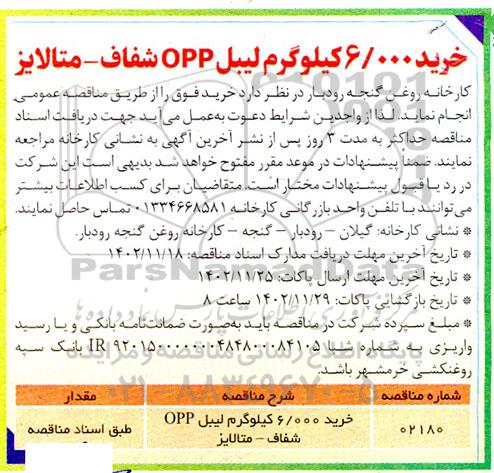 مناقصه خرید 6.000 کیلوگرم لیبل OPP شفاف- متالایز