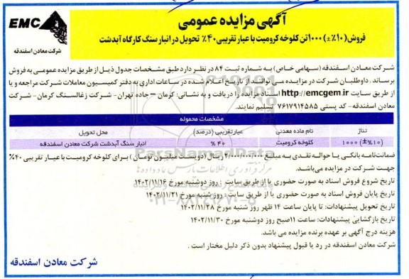 مزایده فروش (%10±) 1000 تن کلوخه کرومیت با عیار تقریبی 40% 