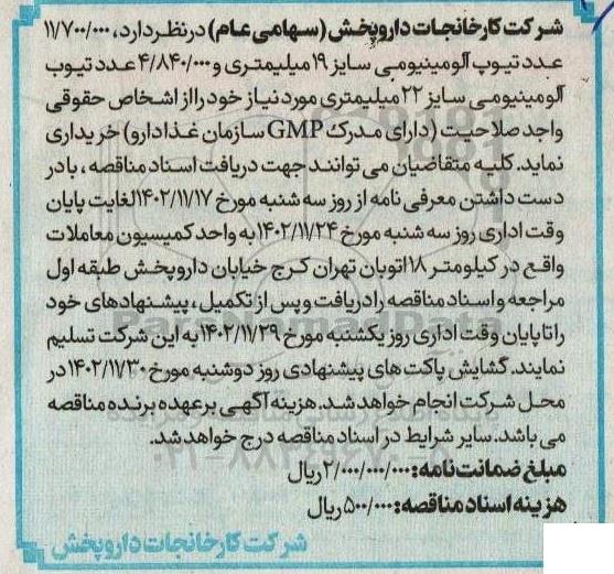 مناقصه  11.700.000 عدد تیوپ آلومینیومی سایز 19 میلیمتری و 4.840.000 عدد تیوب آلومینیومی