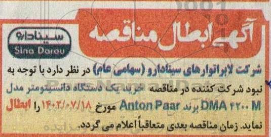ابطال مناقصه یکدستگاه دانسیتومتر