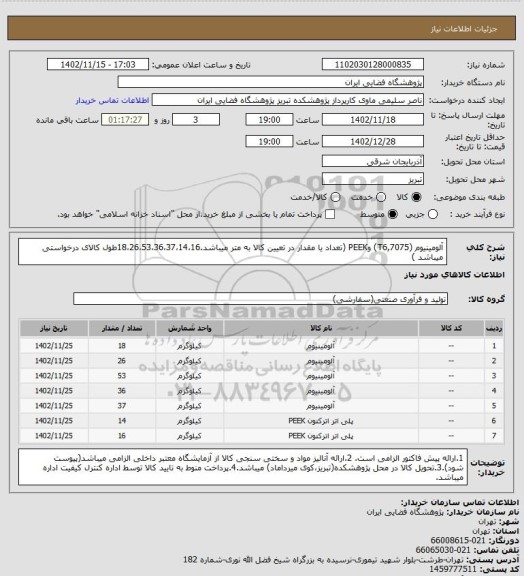 استعلام آلومینیوم (T6,7075) وPEEK (تعداد یا مقدار در تعیین کالا به متر میباشد.18،26،53،36،37،14،16طول کالای درخواستی میباشد )