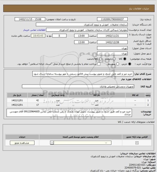 استعلام خرید میز  و کمد طبق جدول و تصویر پیوست پیش فاکتور رسمی با مهر پیوسته سامانه ارسال شود
