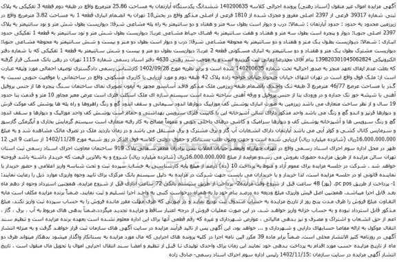 آگهی مزایده ششدانگ یکدستگاه آپارتمان به مساحت 25.86 مترمربع