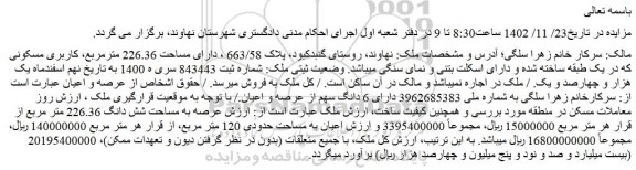 مزایده فروش ملک پلاک 663/58 ، دارای مساحت 226.36 مترمربع، کاربری مسکونی