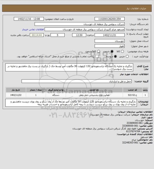 استعلام بارگیری و تخلیه یک دستگاه ترانسفورماتور 132 کیلوولت 30 مگاولت آمپر توسط جک ( بارگیری در پست برق ماهشهر و تخلیه در پست برق شوشتر)