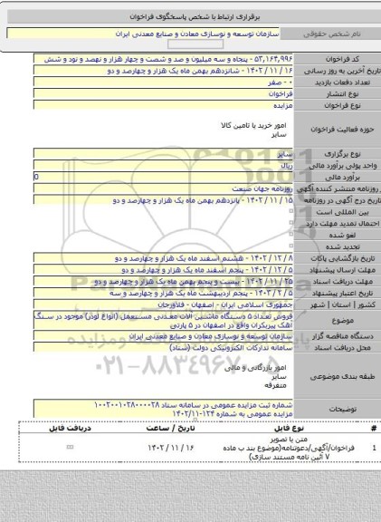 مزایده, فروش تعداد ۵ دستگاه ماشین آلات معدنی مستعمل (انواع لودر) موجود در سنگ آهک پیربکران واقع در اصفهان در ۵ پارتی