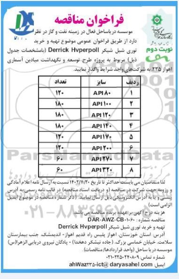 مناقصه تهیه و خرید توری شیل شیکر Derrick Hvperpoll - نوبت دوم 