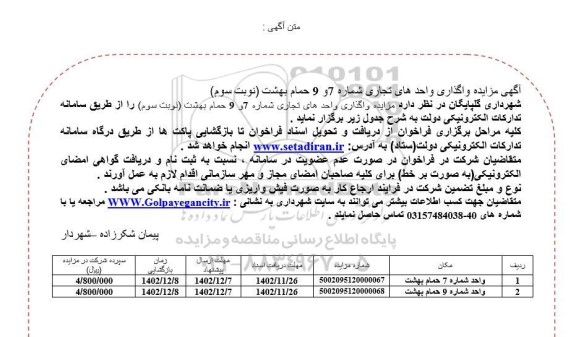 مزایده واگذاری واحدهای تجاری شماره 7 و 9 حمام بهشت نوبت سوم