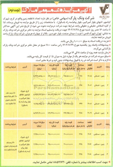 مزایده فروش تعداد 8 قطعه زمین  نوبت دوم