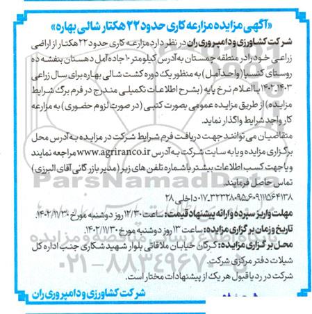 مزایده مزرعه کاری حدود 22 هکتار شالی بهاره