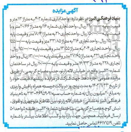 مزایده واحد اداری 402 به متراژ 112 متری و واحدهای...