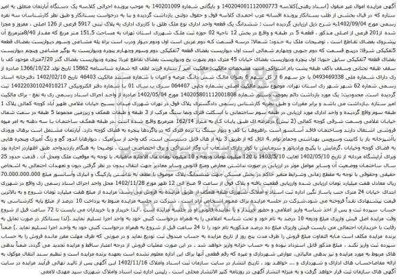 آگهی مزایده  ششدانگ یک قطعه واحد اداری نوع ملک طلق با کاربری اداری به پلاک ثبتی 5917 فرعی از 126 اصلی