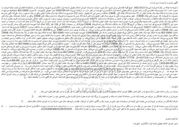 مزایده یک هشتم اعیانی از 72 حبه ششدانگ پلاک ثبتی 2/9048