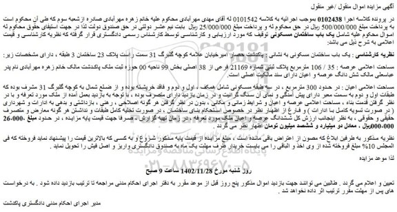 مزایده فروش یک باب ساختمان مسکونی