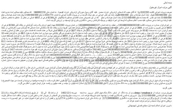 مزایده فروش یک واحد آپارتمانی در پلاک ثبتی 81364 فرعی از 6933 اصلی مفروز و مجزی شده از 2800 فرعی از اصلی