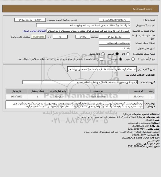 استعلام استعلام قیمت اجرای خط انتقال آب چاه شهرک صنعتی ایرانشهر