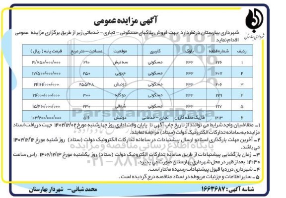 مزایده فروش پلاکهای مسکونی -تجاری - خدماتی