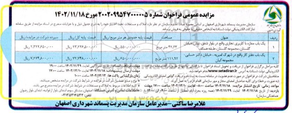  مزایده فروش املاک و مستغلات