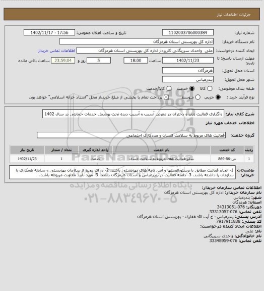 استعلام واگذاری فعالیت زنان و دختران در معرض آسیب و آسیب دیده تحت پوشش خدمات حمایتی در سال 1402