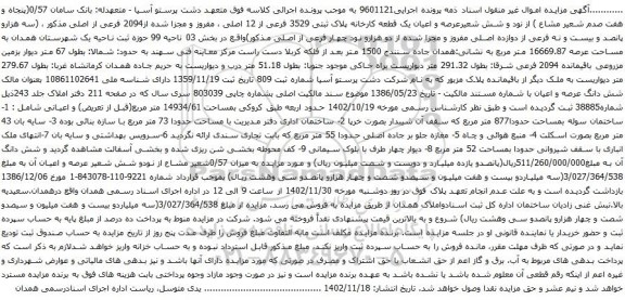 آگهی مزایده 0/57(پنجاه و هفت صدم شعیر مشاع ) از نود و شش شعیرعرصه و اعیان یک قطعه کارخانه پلاک ثبتی 3529 فرعی از 12 اصلی ، مفروز و مجزا شده از2094 فرعی از اصلی