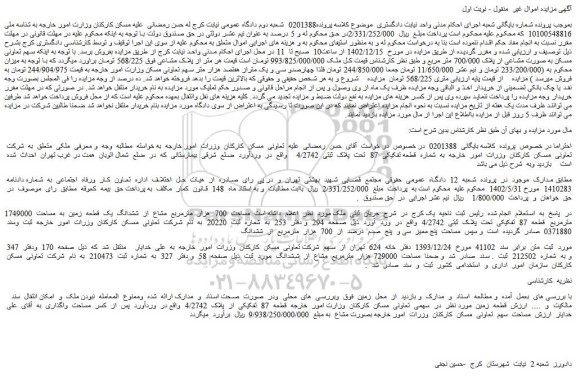 مزایده فروش ملک مساحت  700  هزار  مترمربع  مشاع  از  ششدانگ  یک  قطعه  زمین  به  مساحت  1749000 مترمربع