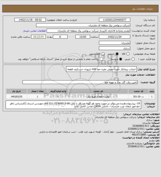 استعلام انتخاب پیمانکار جهت تعویض مقره خط 400 ناریوران حسنکیف قطعه