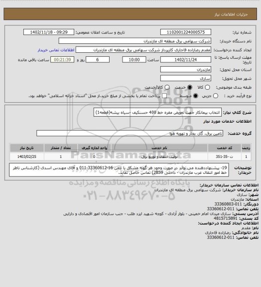 استعلام انتخاب پیمانکار جهت تعویض مقره خط 400 حسنکیف -سیاه بیشه(فطعه1)