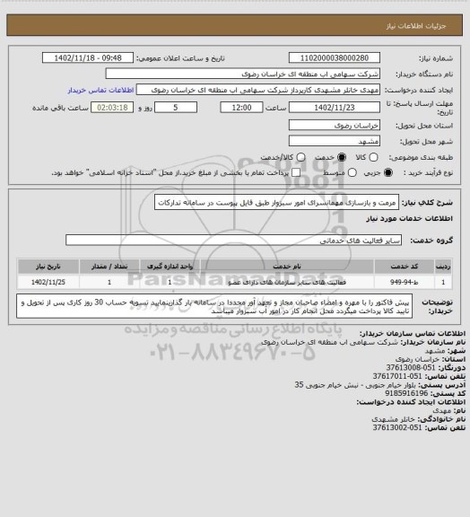 استعلام مرمت و بازسازی مهمانسرای امور سبزوار طبق فایل پیوست در سامانه تدارکات