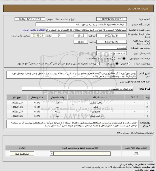 استعلام روغن خوراکی- شکر -ماکارونی-رب گوجه(اقلام و تعدادو برندبر اساس استعلام پیوست.هزینه حمل و نقل وتخلیه درمحل مورد نظرسازمان به عهده تامین کننده می باشد.