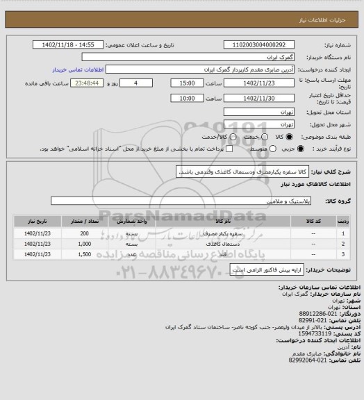 استعلام کالا سفره یکبارمصرف ودستمال کاغذی وقندمی باشد.