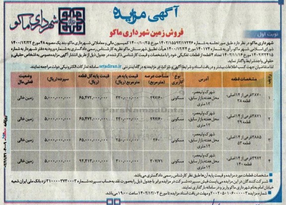 مزایده فروش زمین (4 قطعه)