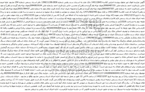 آگهی مزایده ششدانگ اعیان یکدستگاه آپارتمان (با عرصه وقف) واقع در طبقه دوم به مساحت 153/6(صد و پنجاه و سه ممیز شش) مترمربع