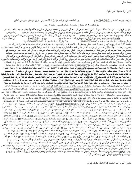 مزایده فروش شش دانگ ملک به پلاک ثبتی 1079 فرعی از 2 اصلی