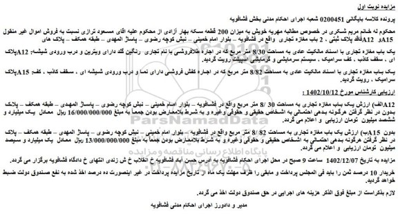 مزایده پلاک ثبتی ، 2 باب مغازه تجاری