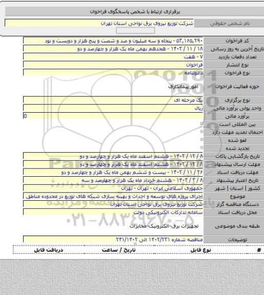 مناقصه, اجرای پروژه های توسعه و احداث و بهینه سازی شبکه های توزیع در محدوده مناطق